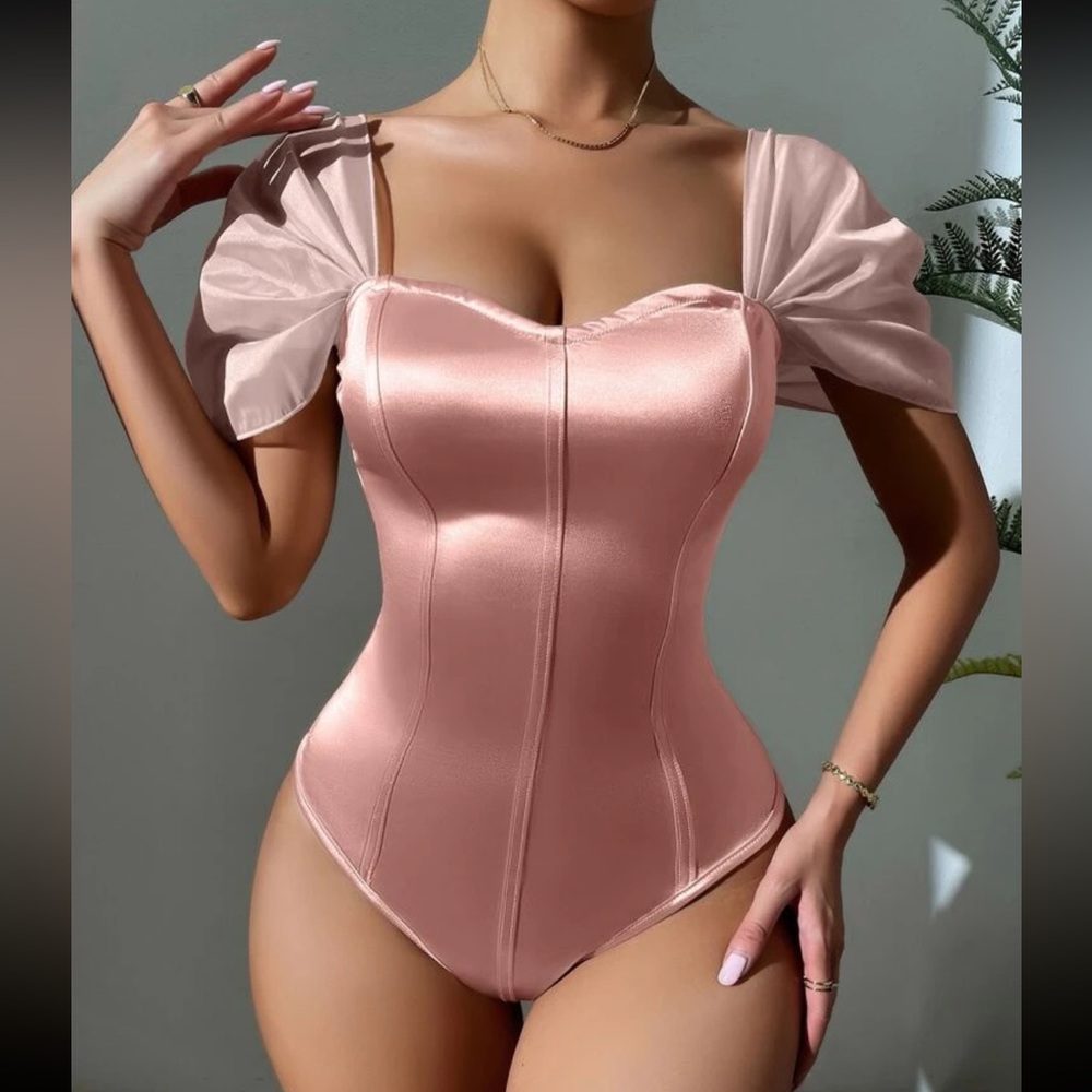 Luxe dusty pink sweetheart neck satin bodysuit